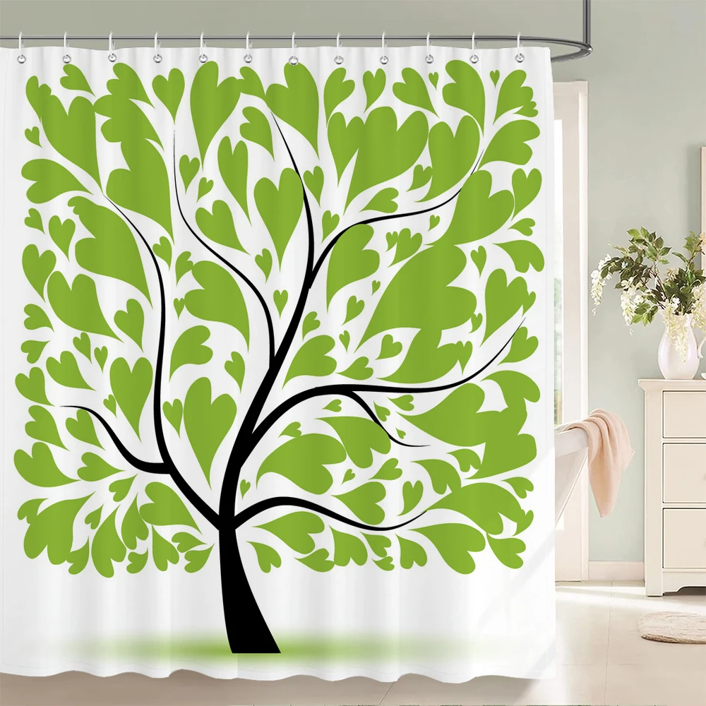 

Watercolor Leaves on The Top Plant with Art Tree Bathroom Decoration Shower Curtain Polyester Fabric Bathroom Curtain with Hooks