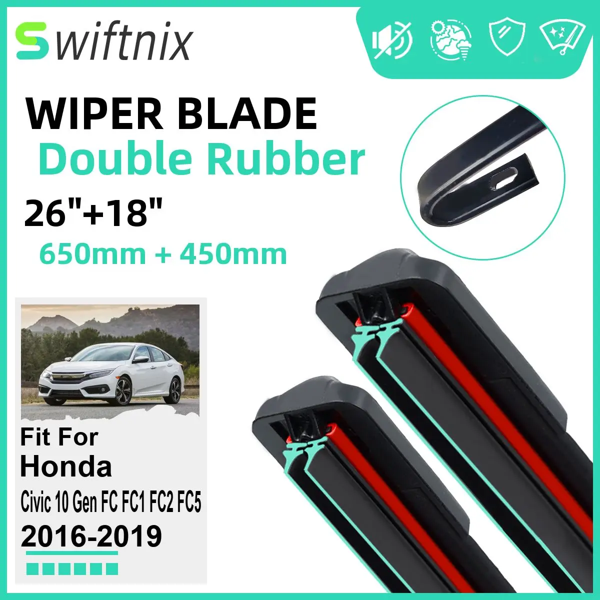 Double Rubber Car Wiper Blades for Honda Civic 10 Gen FC FC1 FC2 FC5 2016-2019 Front Rubber Car Accessories 2016 2017 2018 2019