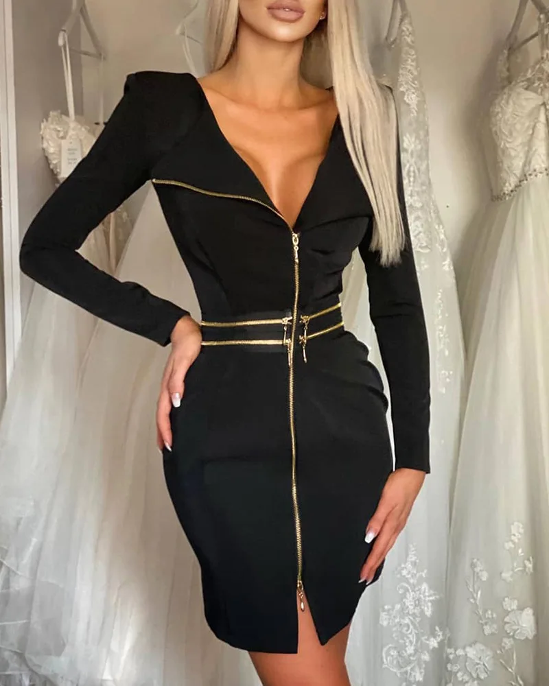 Autumn Elegant Dresses for Women Plain Zipper Design Long Sleeve Shirt Dress Elegant Fashion Party Dress Black Vestido De Mujer