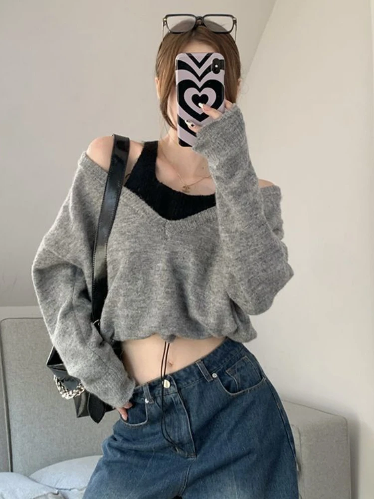 Pullovers Women French Style Stylish Students Tender Design Autumn Loose Fake Two Pieces All-match Daily Knitting Fashion Basic