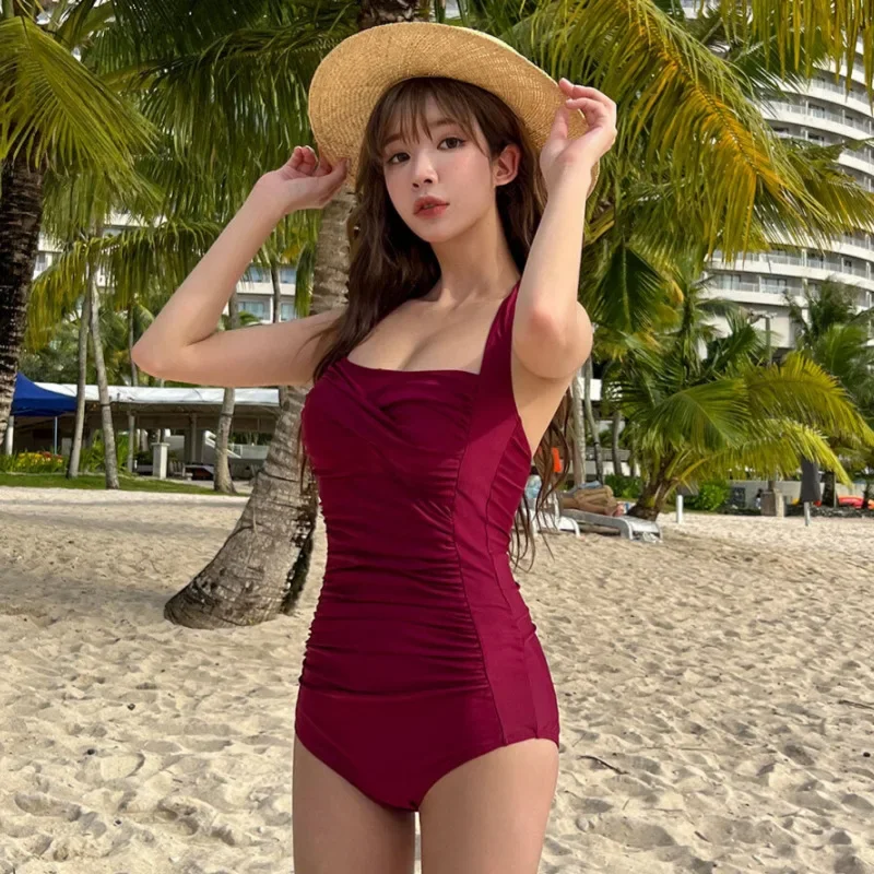 

2024 Wine Red One Piece Swimsuit Women Swimwear Sexy Tummy Control Swimming Suit Korean Monokini Bodysuit Beach Bathing Suit