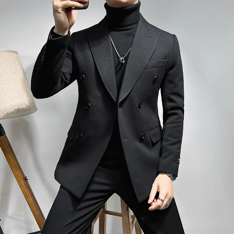 British Style Double Breasted Suit Jacket Men High-end Business Social Blazers Solid Color Wedding Groom Banquet Party Blazer