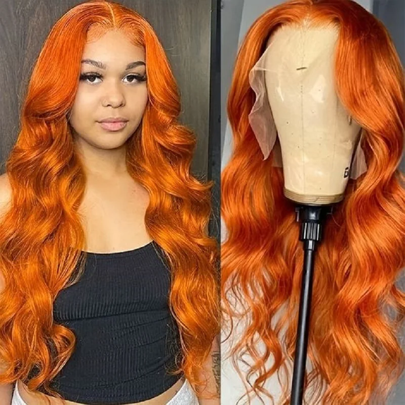 Peluca frontal de encaje de jengibre, cabello humano ondulado, naranja, 13x6, onda corporal suelta, barata, liquidación a la venta