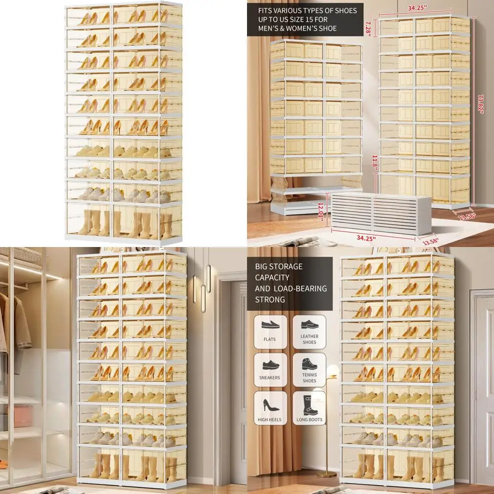 

20-40 Pair Capacity Foldable Large Plastic Shoe Storage Organizer with 10 Tiers for Closet, Tall Shoe Shelf