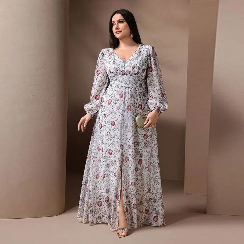 Ele talla grande gasa Dr Faionable estampado vestido de noche largo linterna Sve planta Floral fibra de poliéster primavera 2025