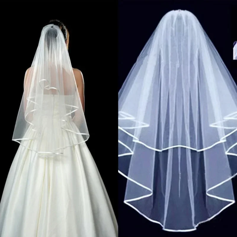 Accesorios clásicos para el cabello de boda velos de novia cortos con borde de cinta blanca de dos capas con peine