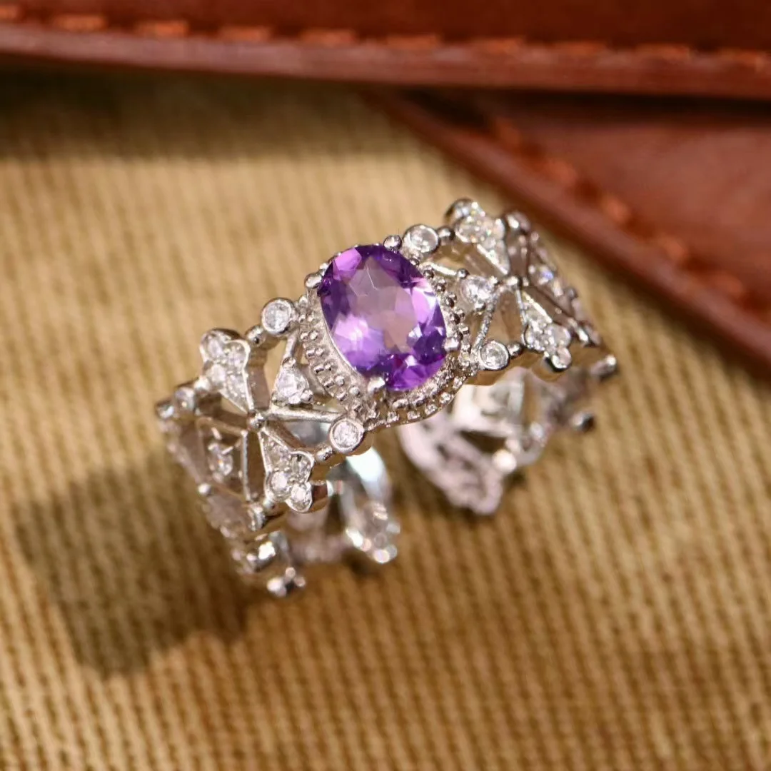 

Certificated Genuine Italian Craft 925 Silver Ring Natural Oval Amethyst Lace Open Finger Band Vintage Purple Gemstone Jewelry