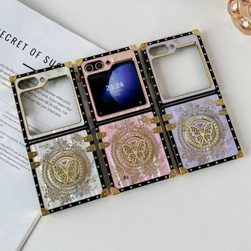 Luxury Bling Glitter Aurora Butterfly Stand Phone Case for Samsung Galaxy Z Flip 6 5 4 3 Flip6 Flip5 Flip4 Flip3 5G Holder Case