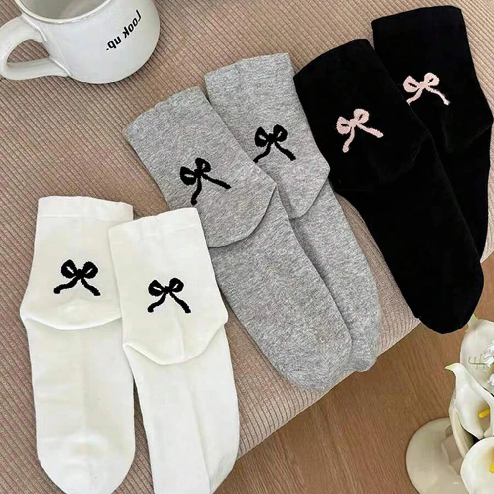 3 Pairs Women Bow Tie Mid Tube Socks Fashionable Round Neck Ballet Style Solid Color Cute Soft And Comfortable Casual Socks