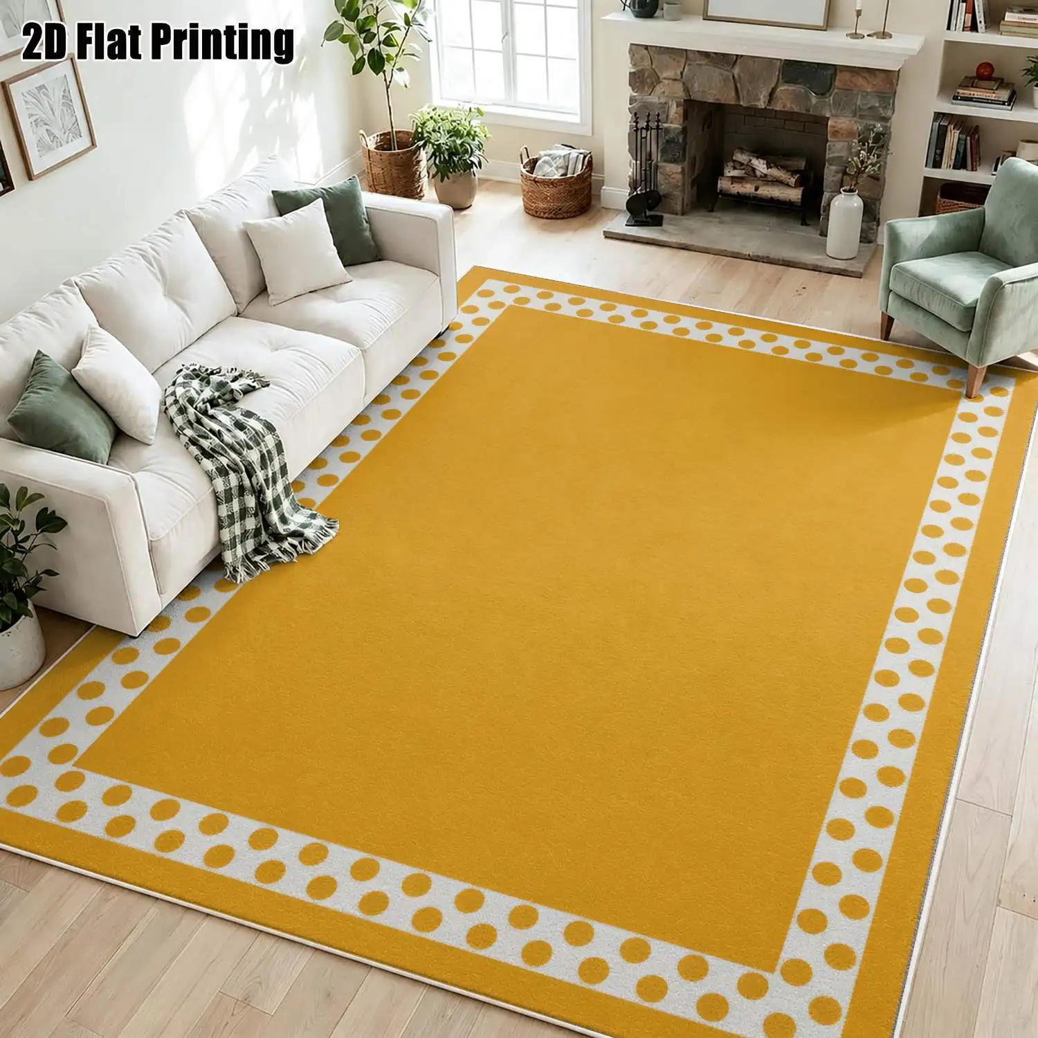 1Pc 2D Printed Velvet Carpet, Yellow Polka Dot Border, Nordic Instagram Style, Machine Washable, Multi-Size, Home Decor for Entryway, Dining Room, Bedroom, Living Room