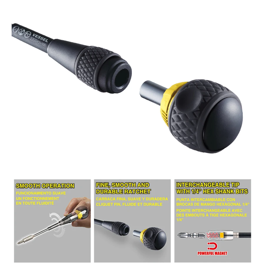 Vessel 2200MBH Ball Grip Ratchet Screwdriver with Bit Holder for Maintenance Work Replaceable Shank Unit Screwdrivers