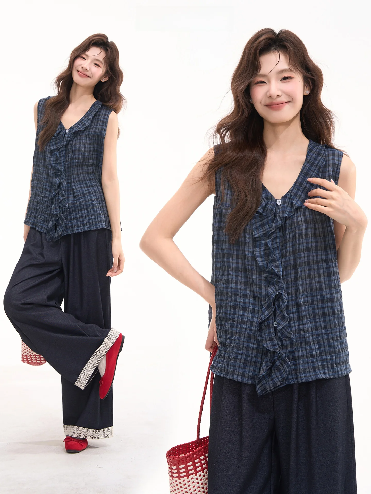 

Летняя женская свободная хлопковая рубашка Heme с V-образным вырезом, без рукавов, в клетку, в корейском стиле, с принтом «Цветочное поле», из хлопкового гингема