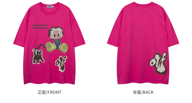 Summer New American Style Cartoon Print Men's Round Neck Short Sleeve Black Apricot T-Shirt Loose Casual Couple Rose Red T-Shirt