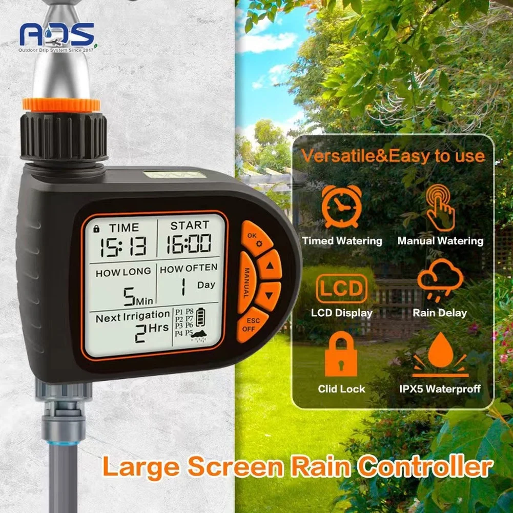 Watering Timer Controller for Garden Automation Large Screen 8 Programs Rain Delay Function Waterproof Housing