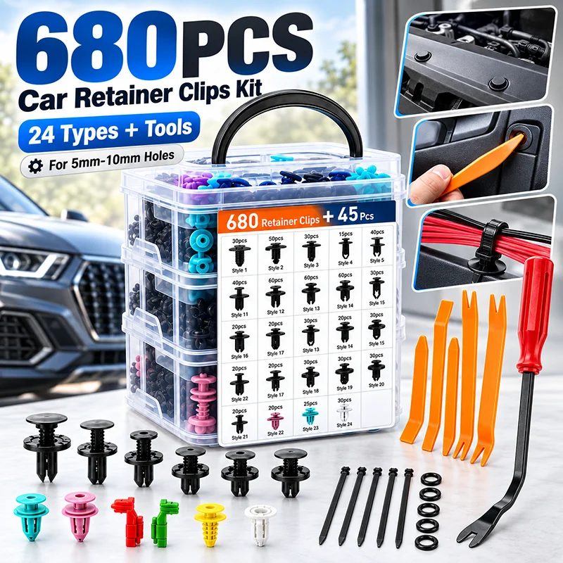 680 pezzi di elementi di fissaggio misti per auto: clip per paraurti, rivetti per rivestimenti delle portiere, clip di fissaggio per paraurti, clip a pressione per cofano motore e parafanghi