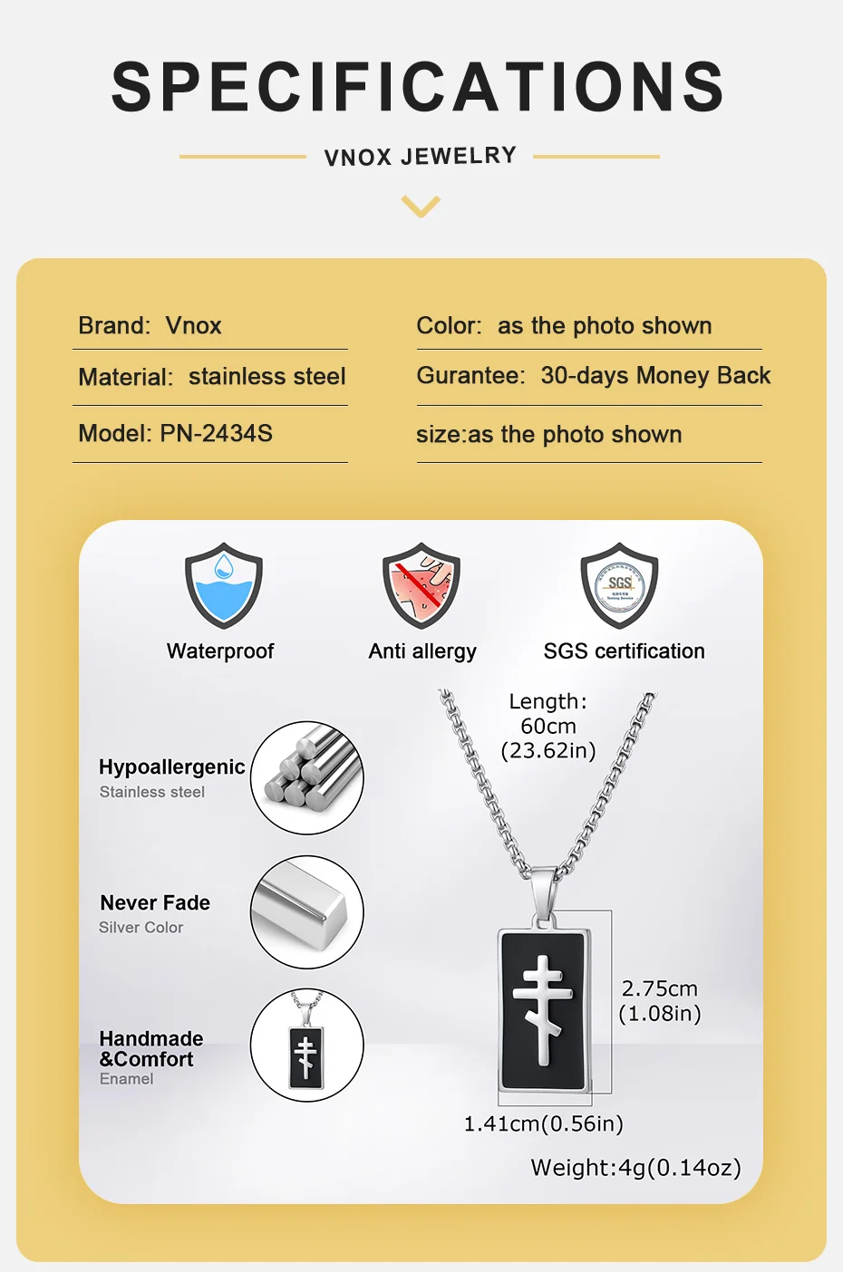 Vnox Herren Orthodoxes Kreuz Dogtag Halskette, Edelstahl Schwarz Emaillierter Religiöser Anhänger mit Kastenkette, Christliches Gebetsgeschenk für Ihn – Detail 4