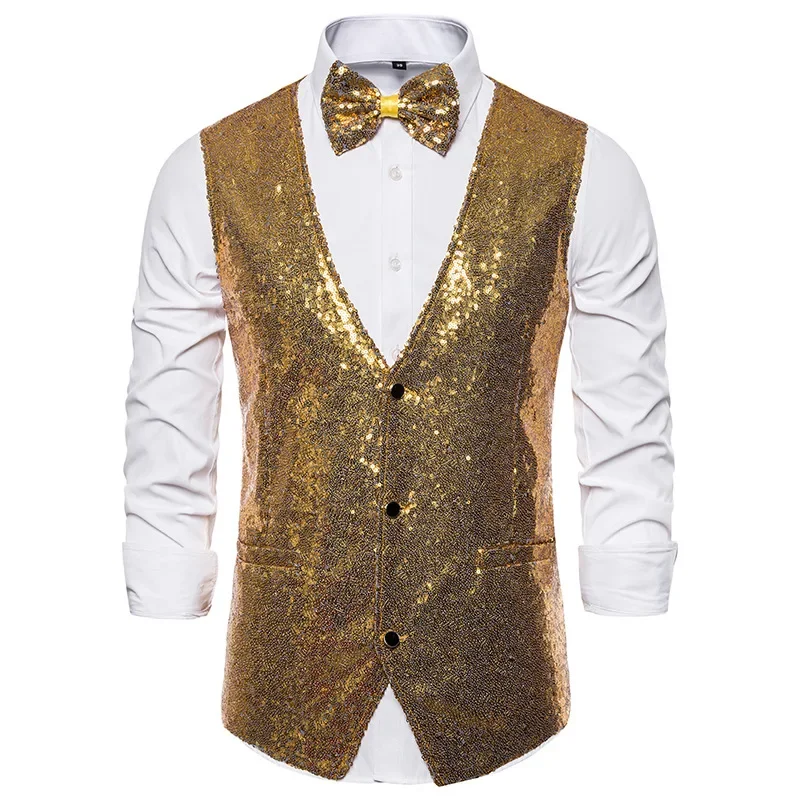 Glanzend groen pailletten sprankelend vest heren slim fit v-hals 2-delig herenvest met vlinderdas bruiloft podium prom kostuum gilet