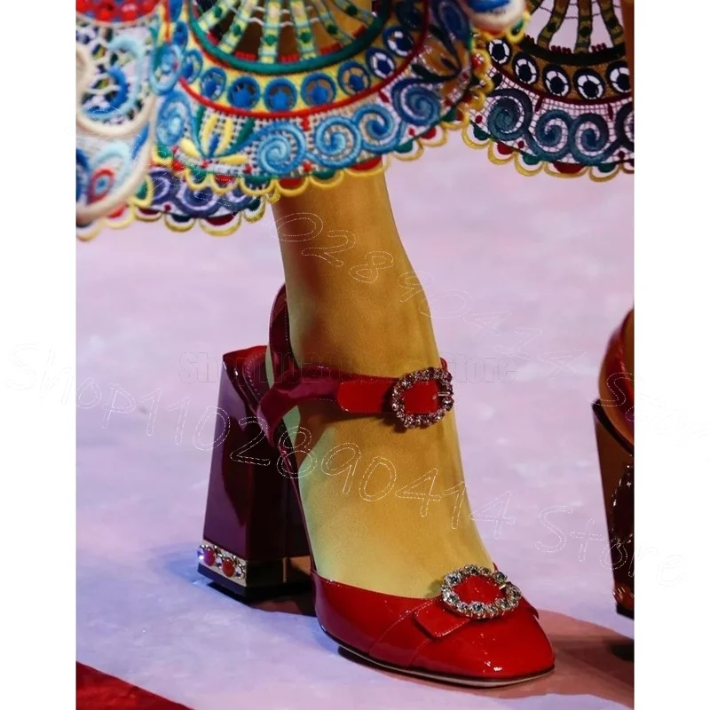 

Crystal Buckle Beads Decor Red Round Toe Pumps Buckle Strap Women Shoes Chunky High Heels Party Banquet 2025 Zapatos Para Mujere