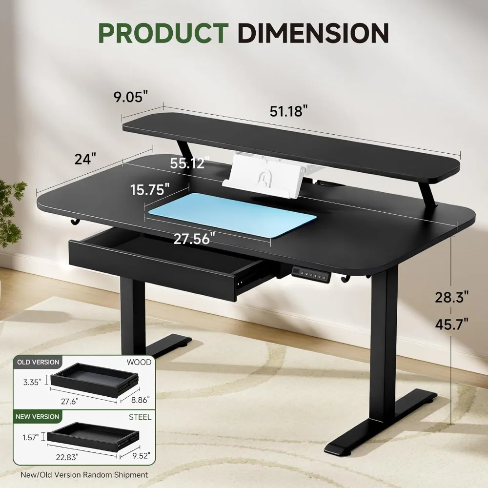 Electric Standing Desk 55 x 24 in with Drawers, Monitor Stand, Laptop Stand, Memory Preset, Black