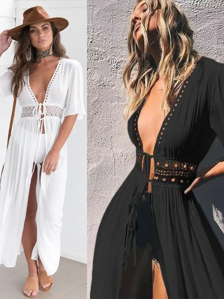 Bwq feminino rendas retalhos rendas longo xale cardigan cor sólida biquíni feminino novo natação banho 2024 verão beachwear