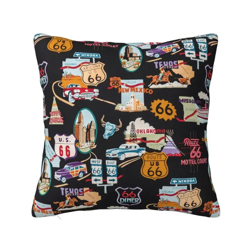 Luxury Vintage Route 66 Cushion Cover for Sofa Velvet America Road Map Throw Pillow Case Living Room Decoration