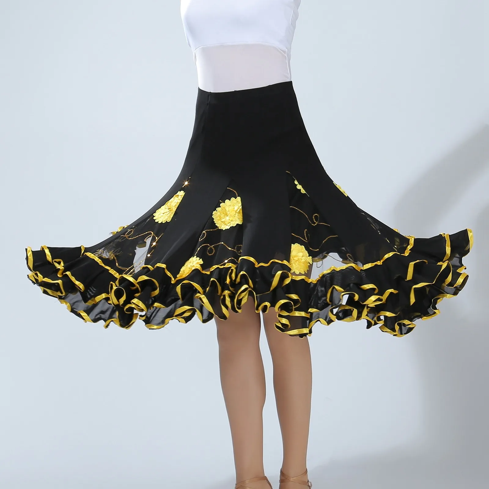 Latin Tango Modern setengah rok wanita ruang dansa rok bunga payet jala kostum penampilan ayunan besar Ruffles Vestidos