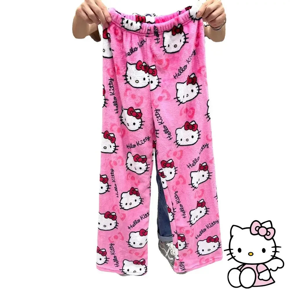 การ์ตูน Hello Kitty Y2K Plush PAJAMA กางเกง Sanrioed Kawaii ฤดูใบไม้ผลิฤดูหนาวนุ่มหนา Homewear กางเกงสาวหวานนักเรียนของขวัญ