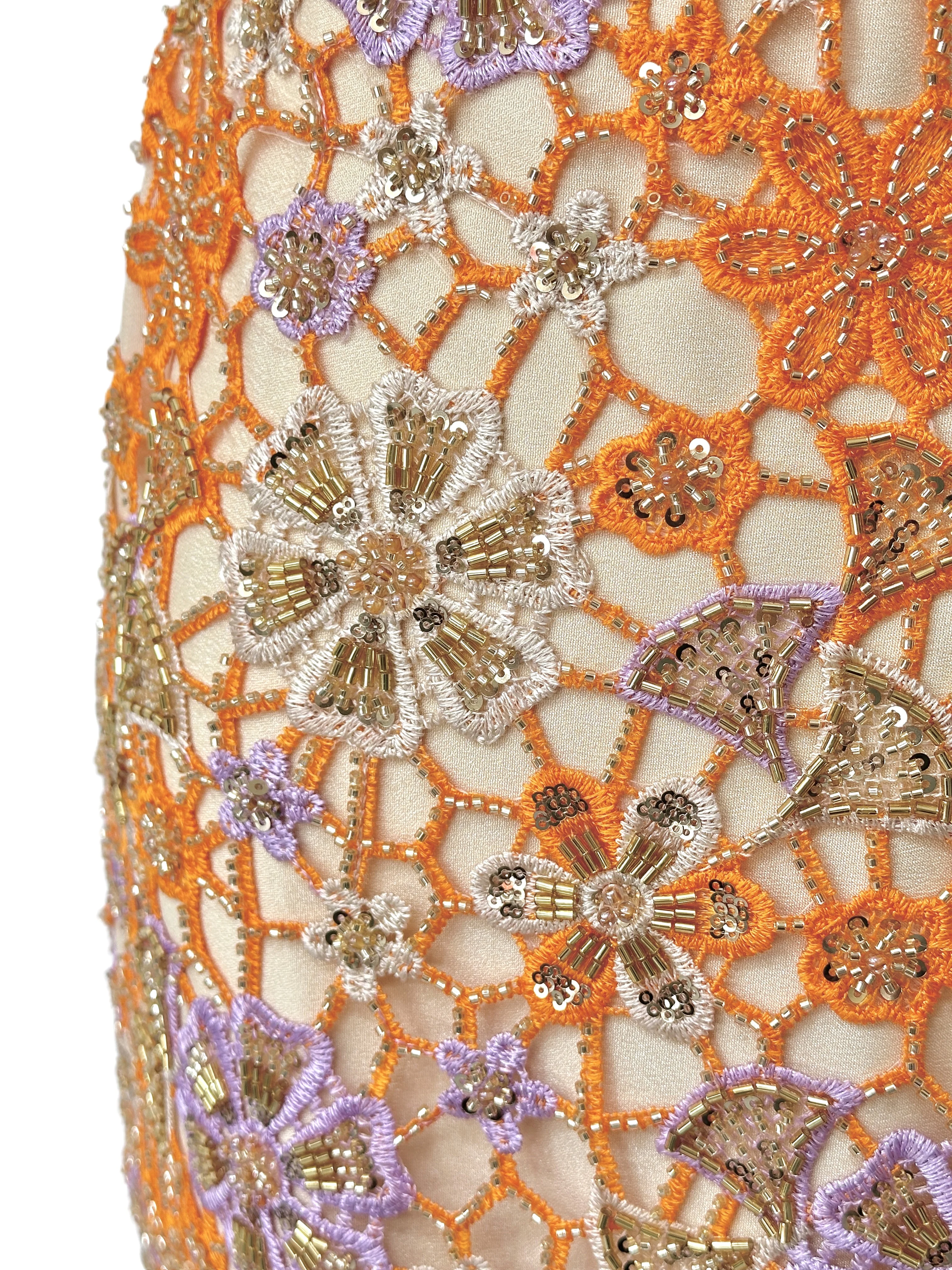 2026 New Orange Purple Beaded Flower Lace Fabric High Density Sequins Tulle Mesh Embroidery Cloth For Nigerian Wedding Party
