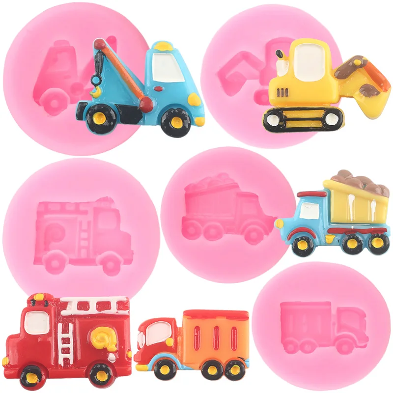 3D Excavator Dump Truck Silicone Molds Fire Truck Crane Chocolate Candy Mould DIY Baby Birthday Fondant Cake Decorating Tools