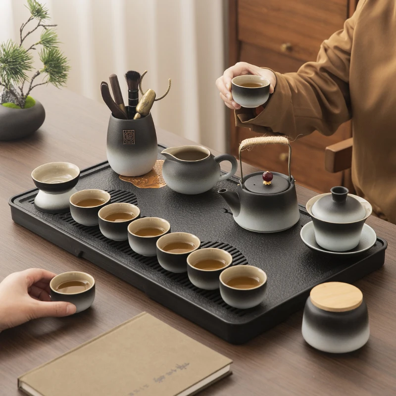 Black Handmade Tea Tray Kung Fu Leaf Spoon Funnel Narrow Tea Tray Organizer Serving Kitchen Plateau Cuisine Home Decoration