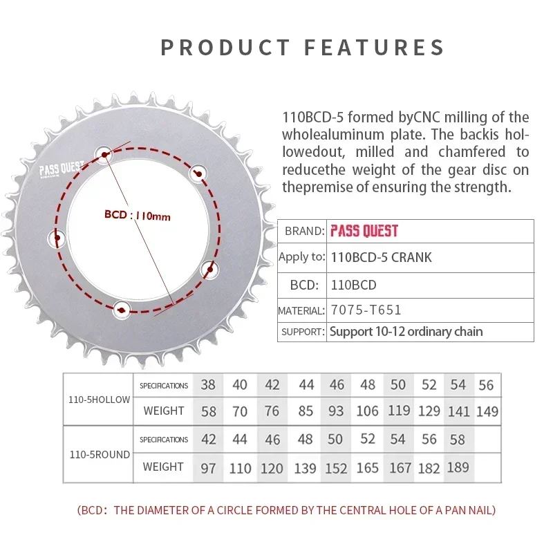 PASS QUEST 110BCD 5 Bolt Road Bike Narrow Wide Chainring 36/38/40/42/44T Bicycle Chainwheel for Shimano SRAM Crank Accessories