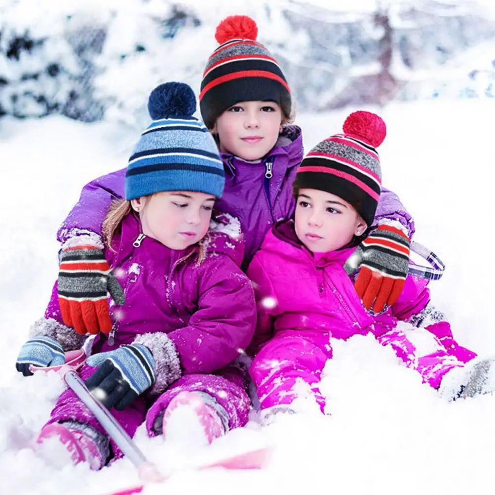 

Soft Velvet Kids Hat Glove Combo Cozy Winter Kids Hat Gloves Set with Pompom Thick Fleece Lined for Weather for Boys for Kids
