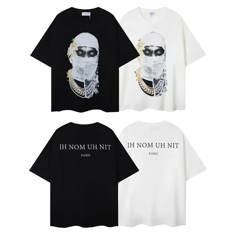 24ss IH NOM UH NIT T Shirt Men Woman Best Quality Loose Pearl Masked Man Printing Black White Casual Tops Tee