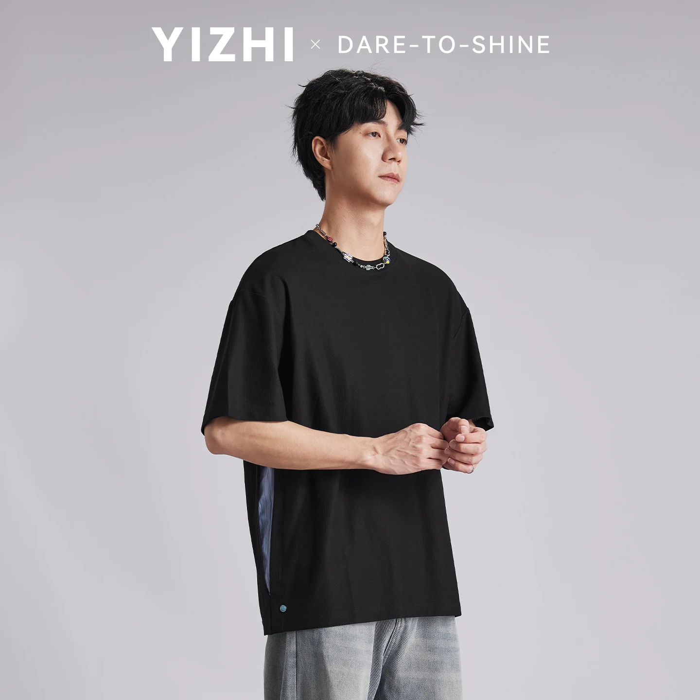 Men's 210g Heavyweight Korean Deconstructed Spliced T-shirt 2026 Summer Round Neck Loose Casual Commuter Short Sleeve Tops