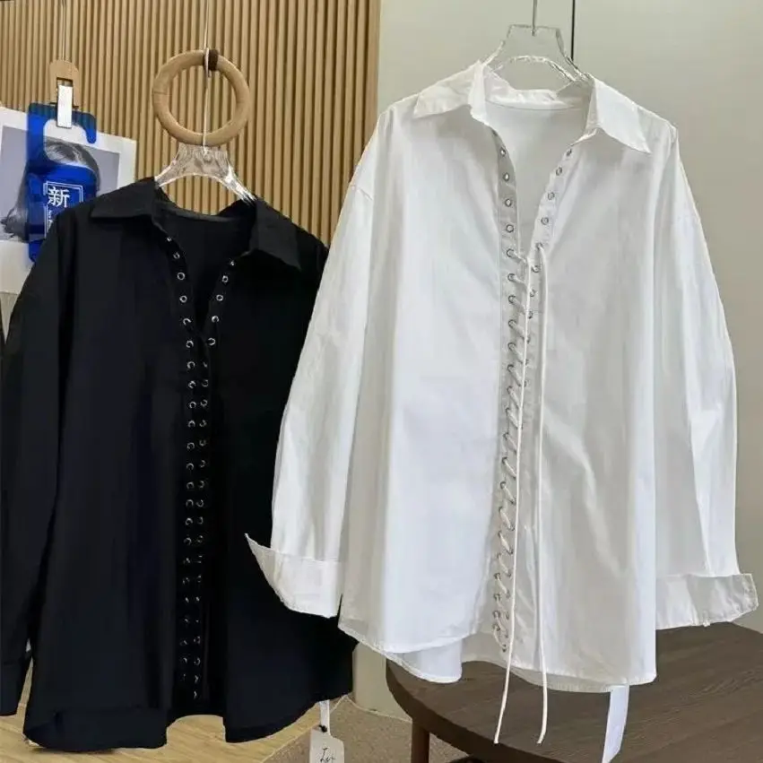 Design exclusivo preto branco blusas de algodão camisas para as mulheres 2026 primavera verão outono nova tendência da moda solta casual topos blusas