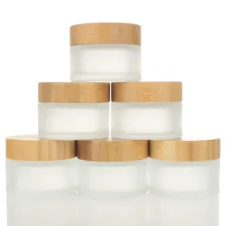 1/6PCS 50ML Bamboo Lid Empty Jars Frosted Glass Cream Jar Cosmetic Container Makeup Lotion Cream Jar Bottle with Wood Grain Lid