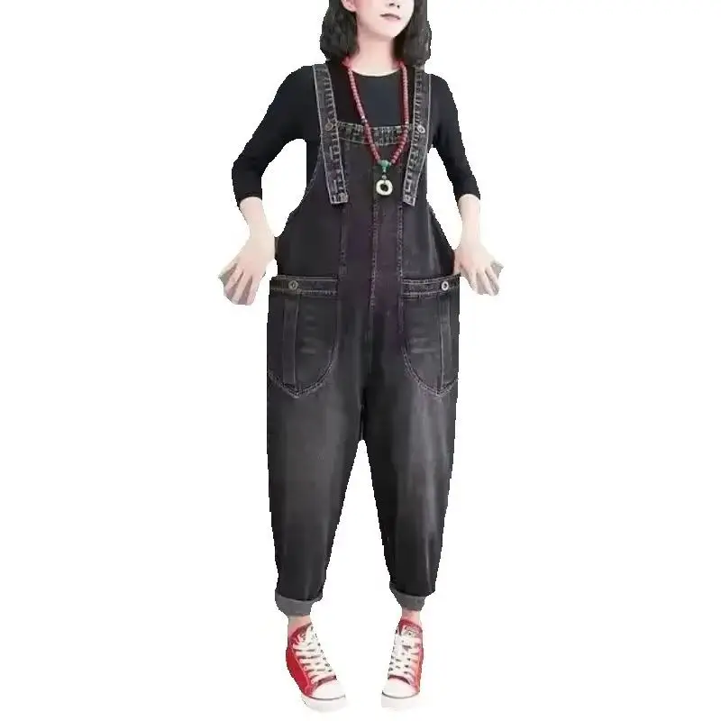 Women's Spring Denim Strap Pants SLarge Waist Slim Loose Leg Jumpsuit 2025 Summer New Fashion Overalls for Girls Jeans Woman