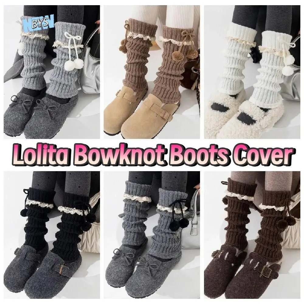 

Simple Y2K Knitted Leg Covers Sweet Lace Women's Leg Warmers Warm with Plush Balls Solid Color Heap Socks Girl