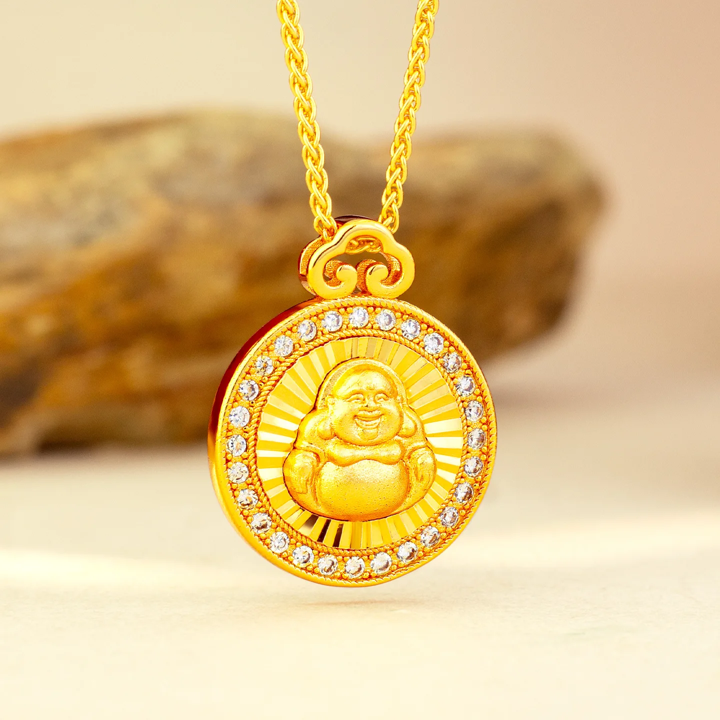 

Luxury 24K 9999 Pure Gold real gold Women's Point Drill Maitreya Pendant Vintage Clavicle Chain