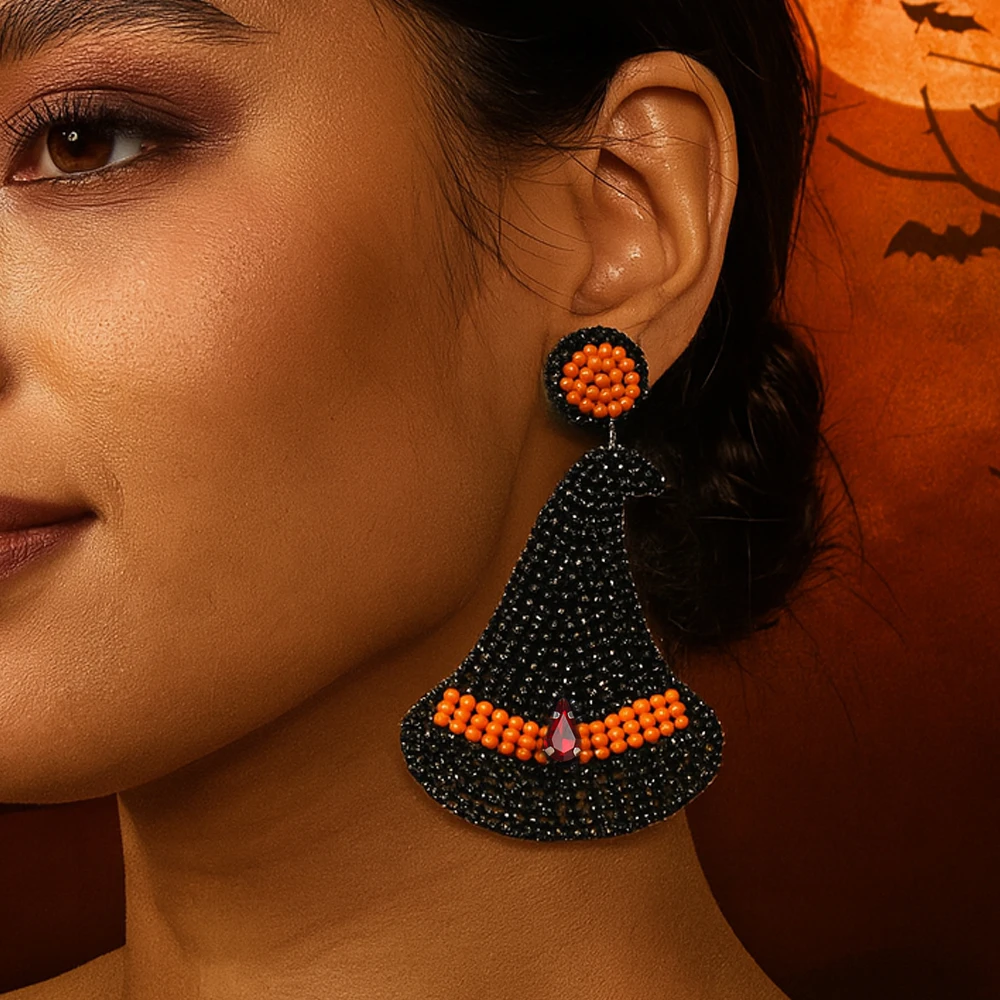 

1 Pair Halloween Witch Hat Beaded Earrings for Women Handmade Seed Bead Dangle Jewelry Costume Party Accessories Holiday Gift