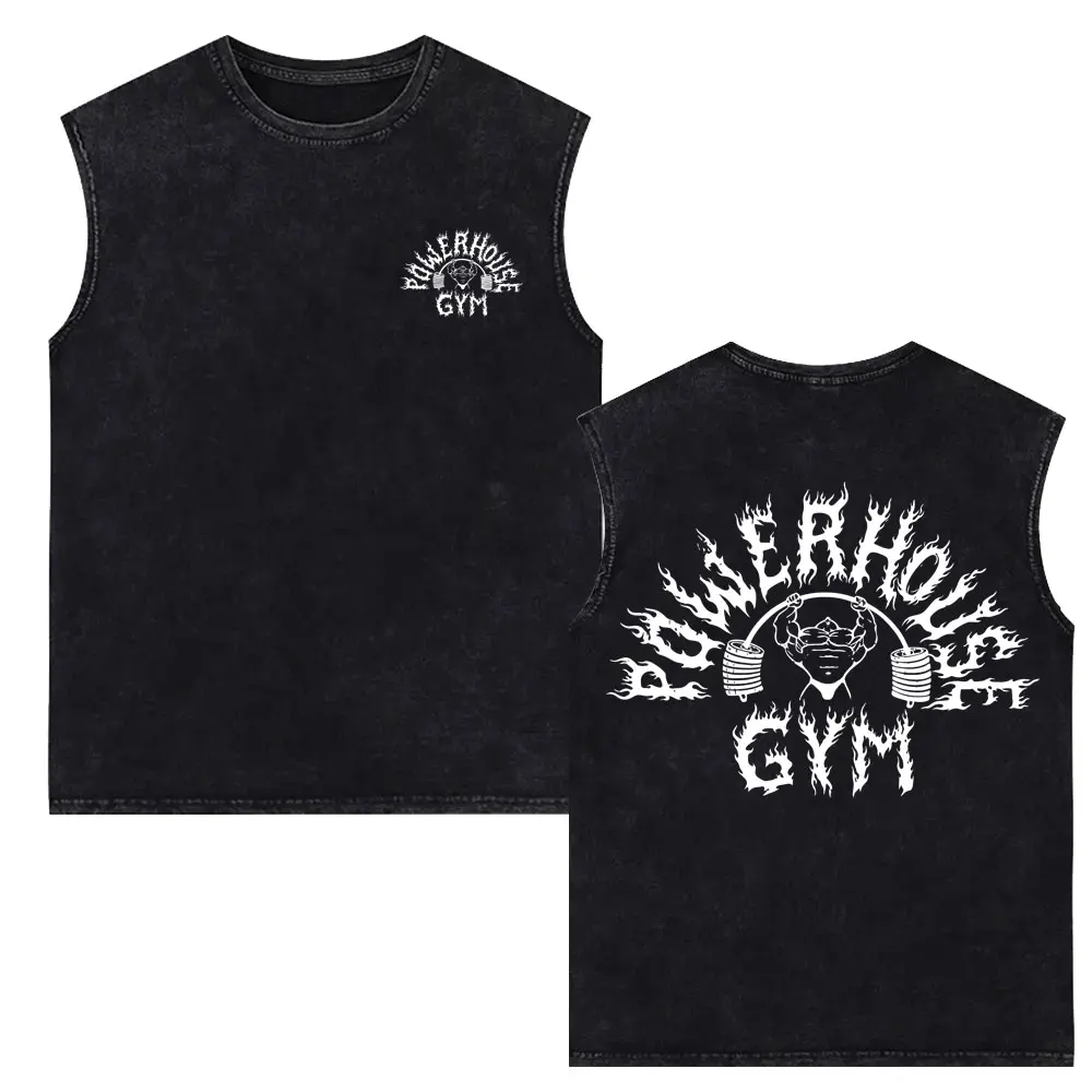 Powerhouse Gym Logo Doppelseitig Bedruckte Vintage-Washed Tanktops T-Shirts für Männer und Frauen Lässige Oversized Geek Fitness Westen T-Shirts – Detail 6