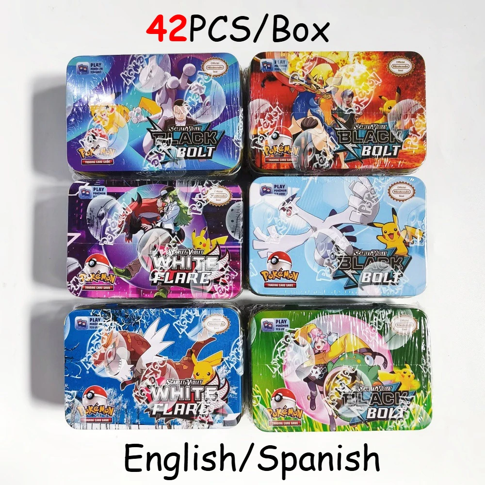 Boîte métallique en fer noir et blanc, 42 pièces/ensemble, jouet de combat Pokemon, origine perdue, boîte Pokemons avec jeu Pikachu, cartes bancaires Anime pour enfants