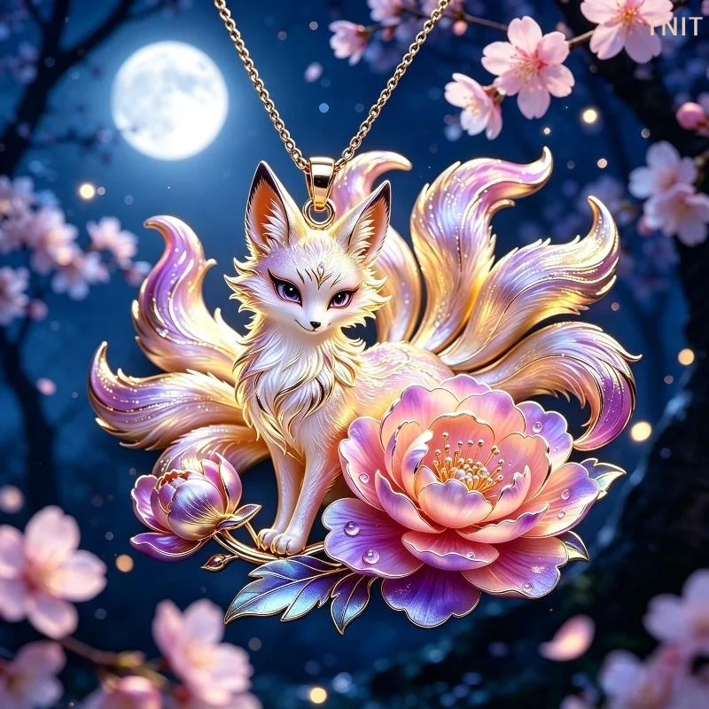 [J] 1Pcs Exquisite Nine Tailed Fox Peony Pendant Necklace Fashion Jewelry Accessories Gift For Friends Women Daily Party