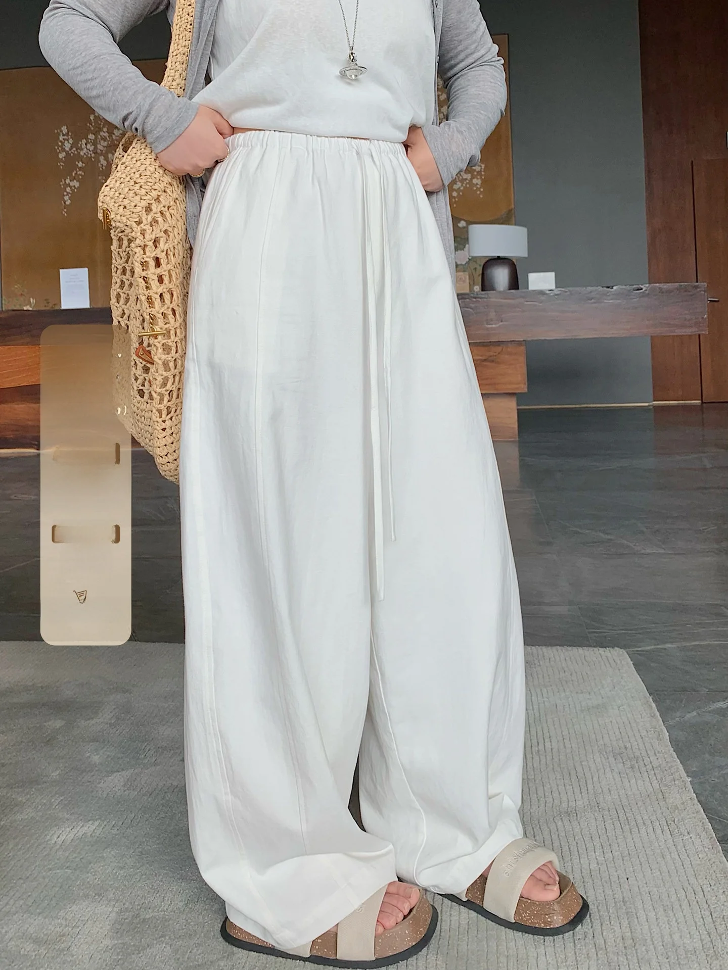 

Herwear Linen Wide Leg Pants Double Color Women's High Waist Straight Cut Slimming Trousers with Inner Casual Style