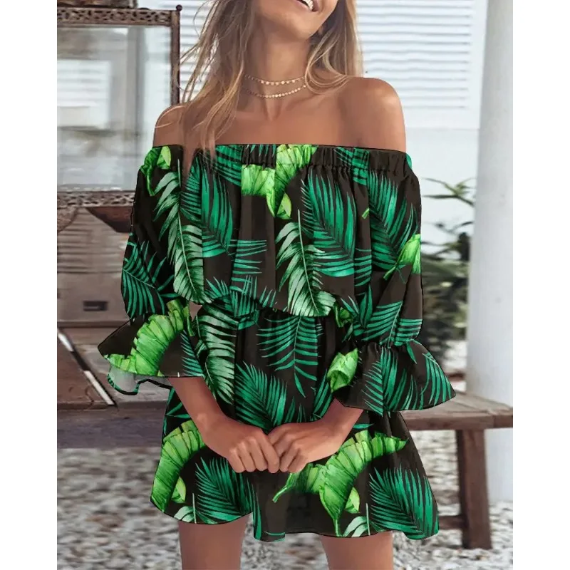 เสื้อผู้หญิงเซ็กซี่เปิดไหล่ลายดอกไม้สไตล์โบฮีเมียนลำลองเปิดหลังทรงเอไลน์ชุดเดรสผู้หญิงเสื้อผ้าหรูหรา