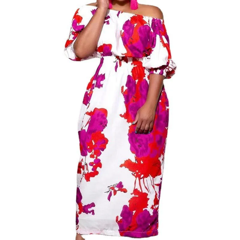 Plus Size Dresses Floral Printed Long Dress Fall Winter Slash Neck Full Length Vestidos Streetwear Casual Oversized Outfits 2023