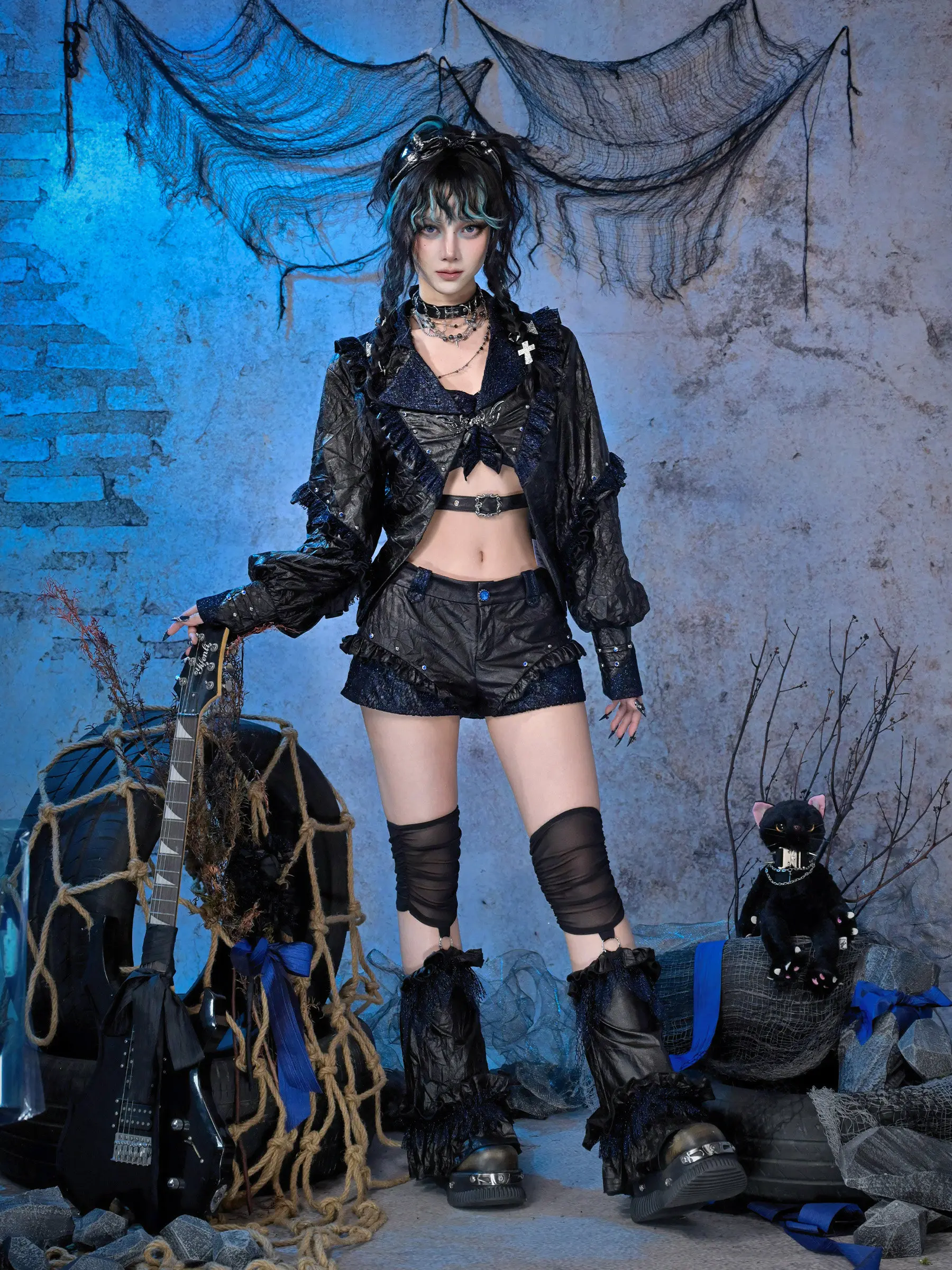 Virtual Orbit Hot Girls Y3k Punk Rave Lace Patch Asymmetric Jacket Turn-down Collar Sweet Gothic Party Personality Coat Jackets