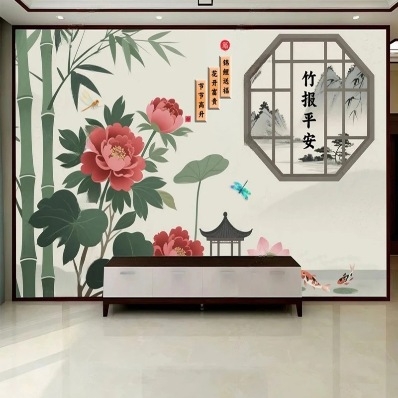 New Chinese Style Bamboo Flower Pattern Mural Wallpaper Custom Size for Living Room Tea Room Decor Background Wall Art Print