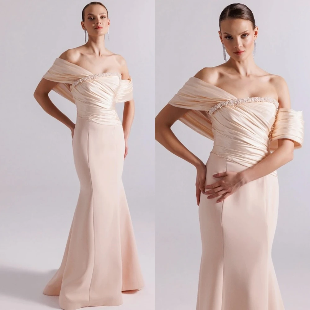 カスタマイズされたフォーマルジャージストラップレスイブニングドレス繊細な真珠ウエディングドレス高級オフショルダー特別な日のドレス