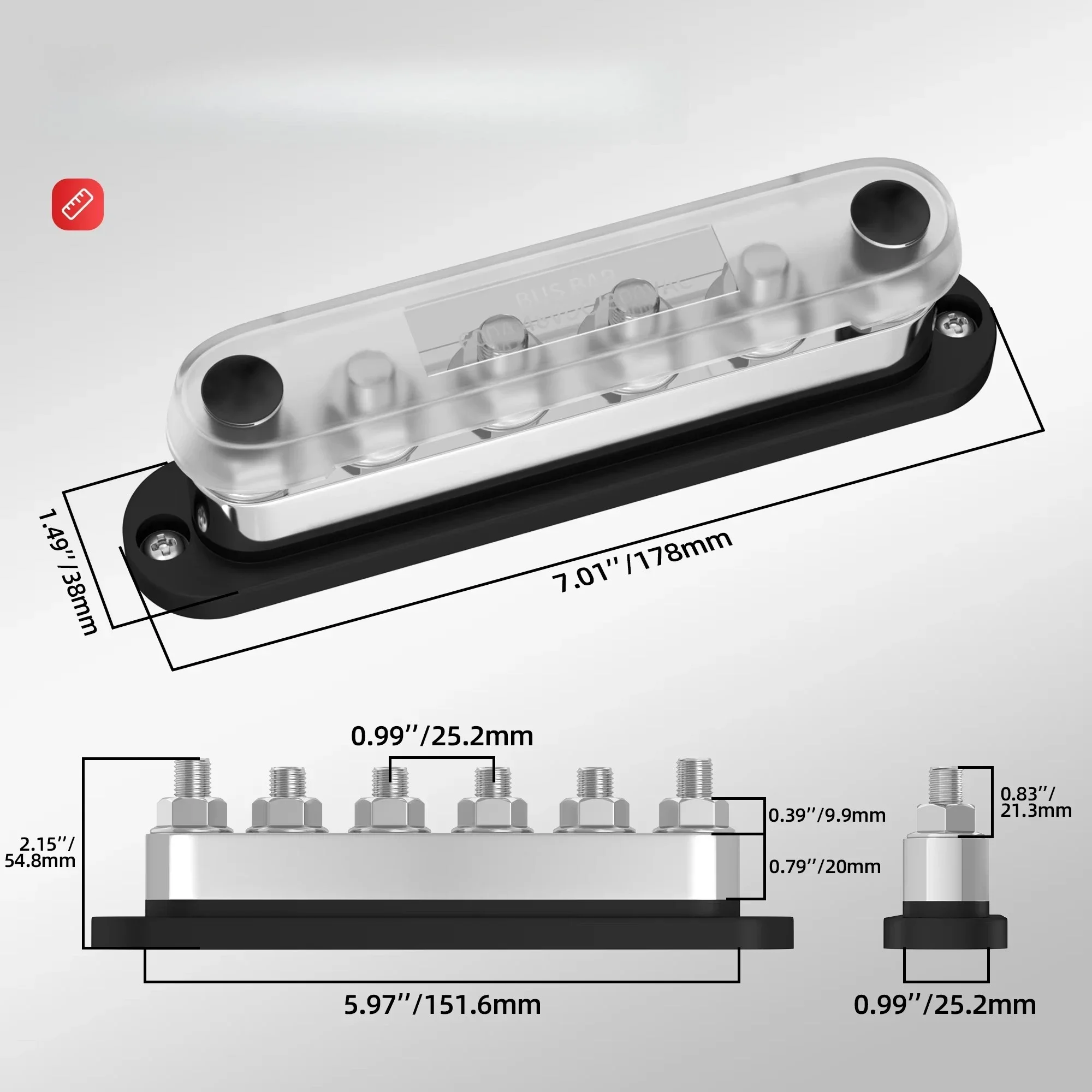 6 Stud 48V DC 600A Bus Bar Copper Electric M10 Terminal Power Distribution Block Cover 300V Plastic Ground Electrical Busbar